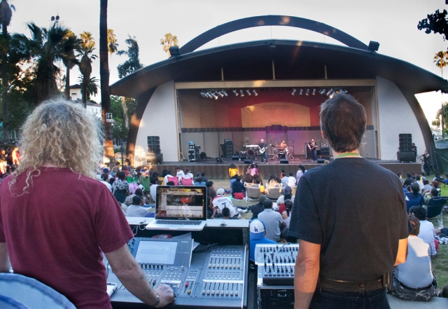 sound mixers in the foreground during concert at MacArthur Park