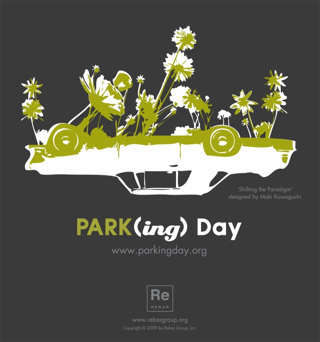 PARK(ing) Day logo of upsidedown car with plants growing from it creating a park